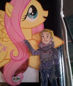 David touches a cut-out of Fluttershy