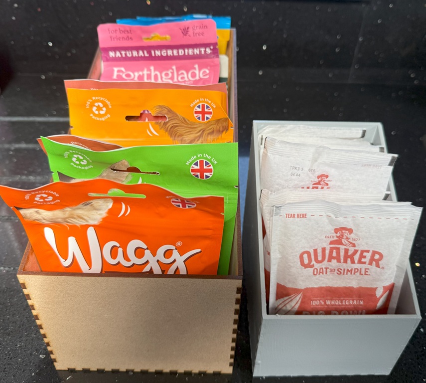 Two laser cut MDF boxes, made to specific sizes - one for doggie treats and one for porridge oats.